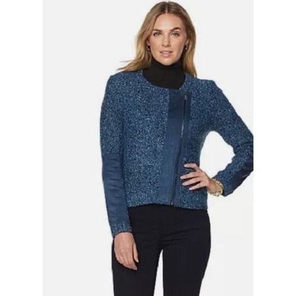 Jones New York Jackets & Blazers - Jones New York Women's Sweater Jacket Zip Asymmetrical Blue Suede Detail 3X